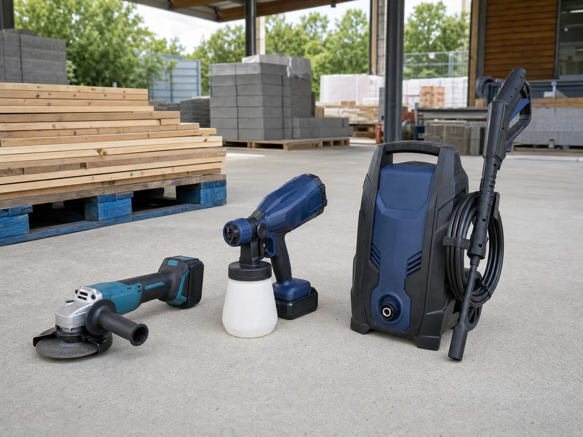 An angle grinder, a paint sprayer and a pressure washer set out in a merchant's yard