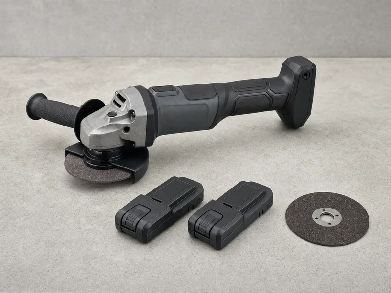 Cordless angle grinder with two batteries on a workbench