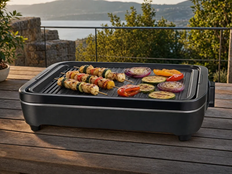 Smokeless electric grill on an outdoor table