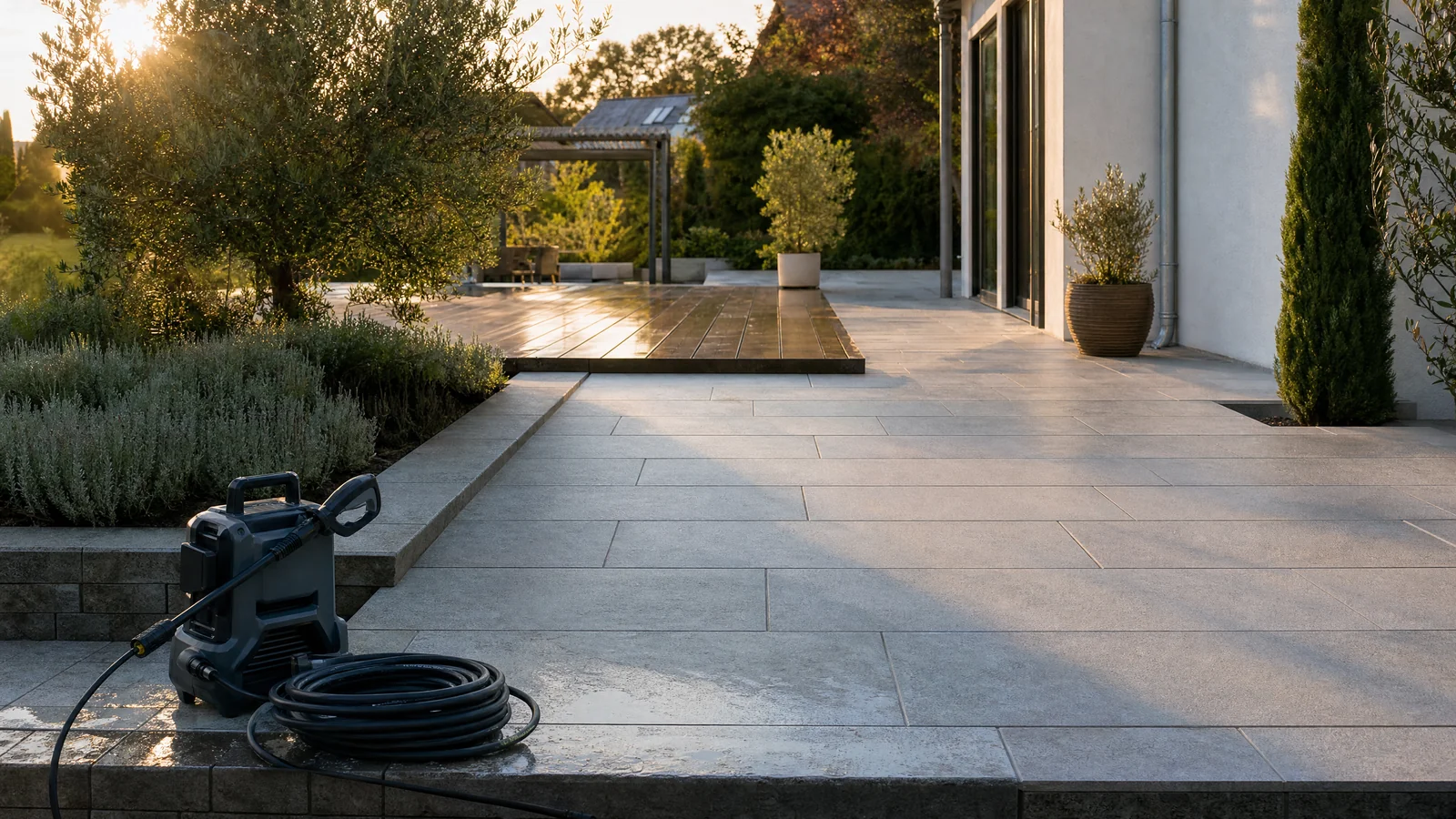 A freshly washed stone terrace at golden hour with a cordless pressure washer and coiled hose at the near edge