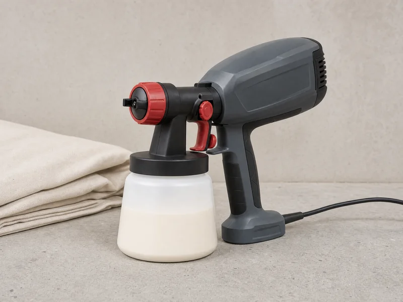 Electric HVLP paint sprayer beside a timber fence panel