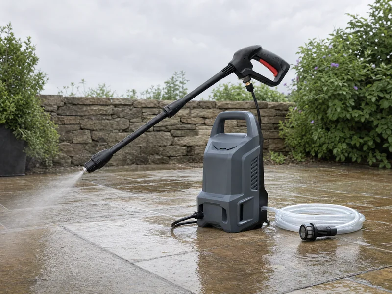 Cordless pressure washer cleaning a stone patio