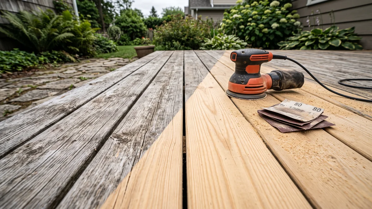 Half-sanded timber deck showing fresh wood beside weathered boards