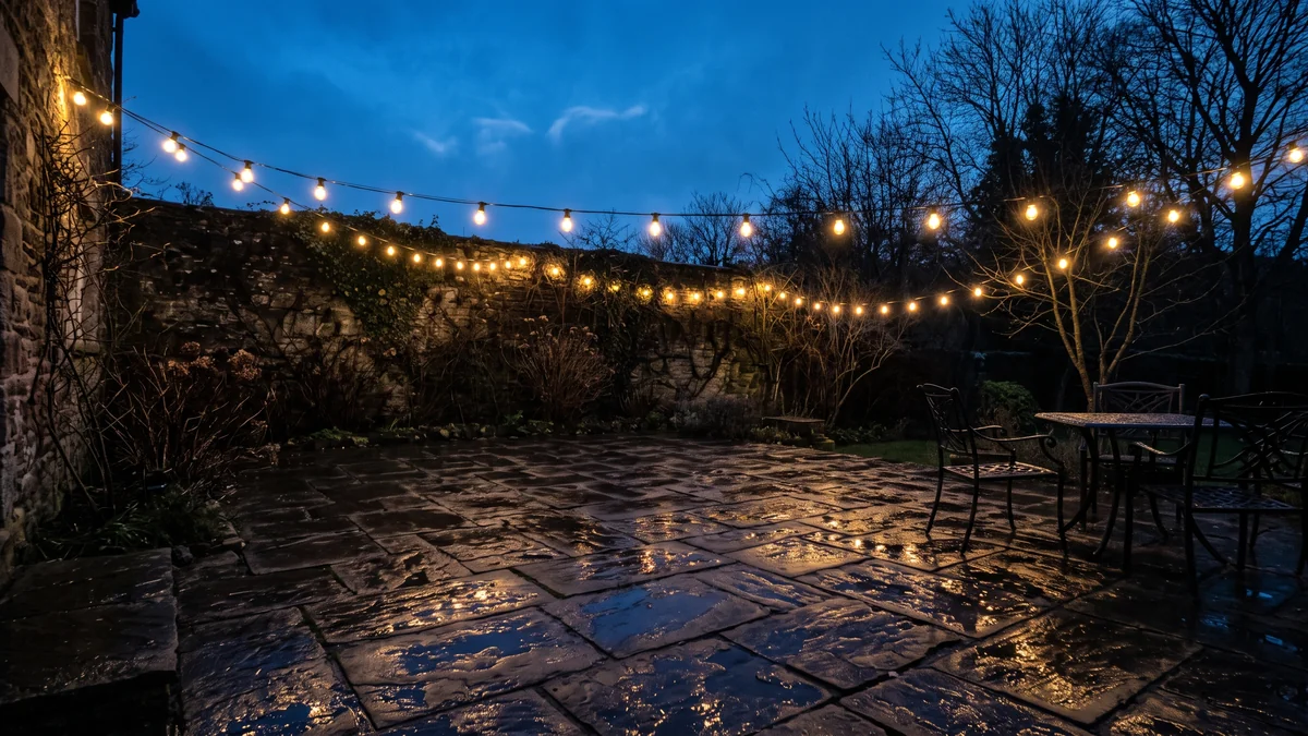 Festoon lighting over a terrace on a wet winter evening