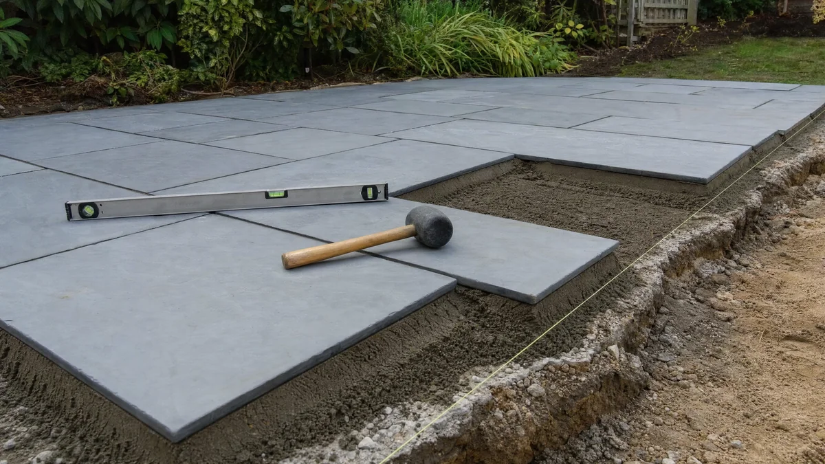 Paving slabs being levelled on a bed of sharp sand