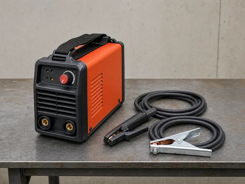 Portable arc welding inverter with cables on a workbench